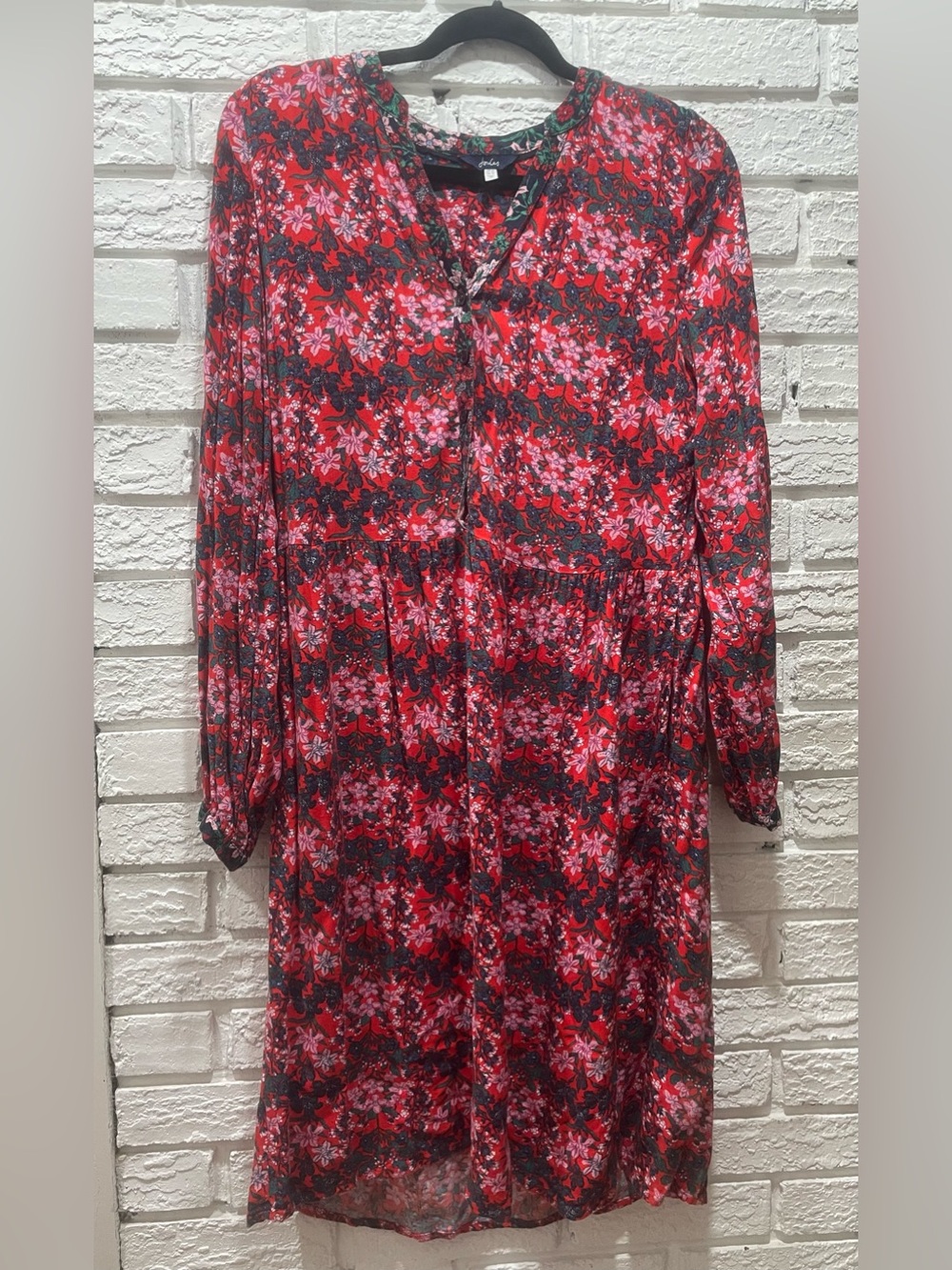 Joules Red and Pink Floral Long-Sleeve Dress